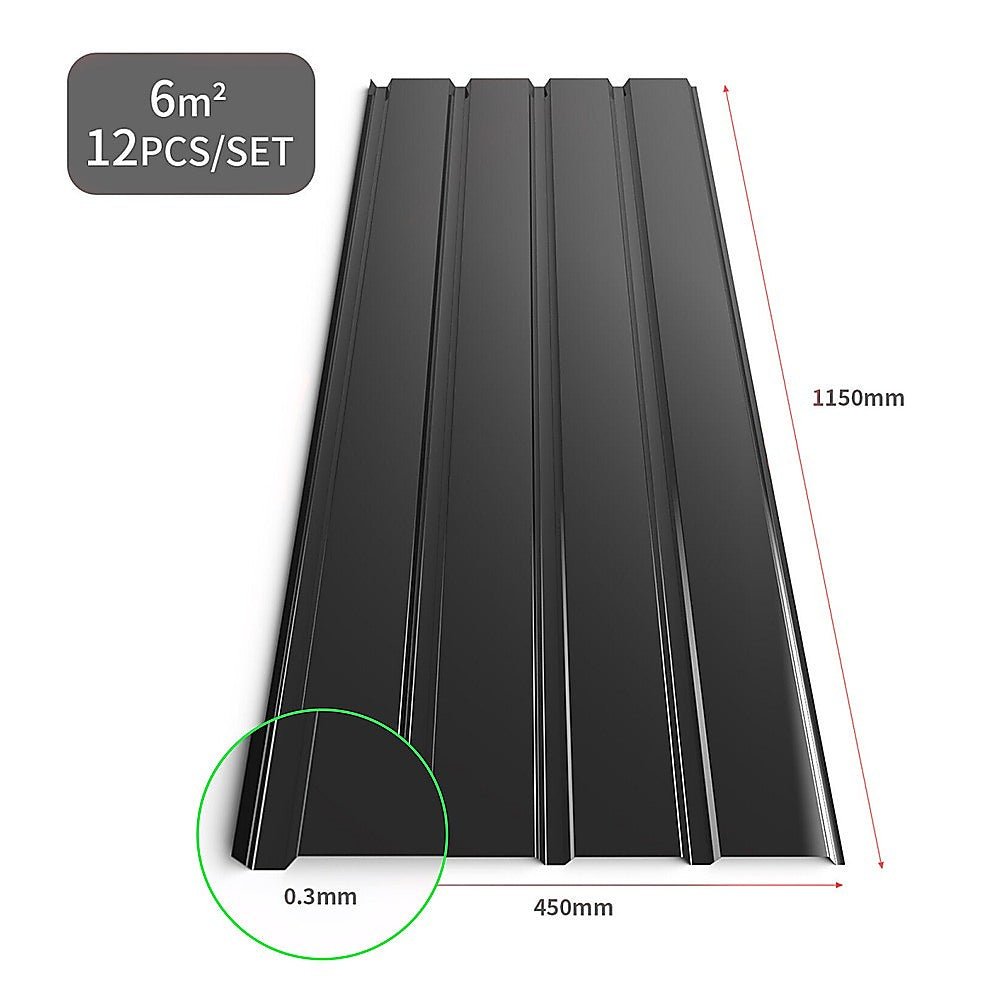 12 PCs Corrugated Roof Sheets Profile Galvanized Metal Roofing Carport Black - Outdoorium