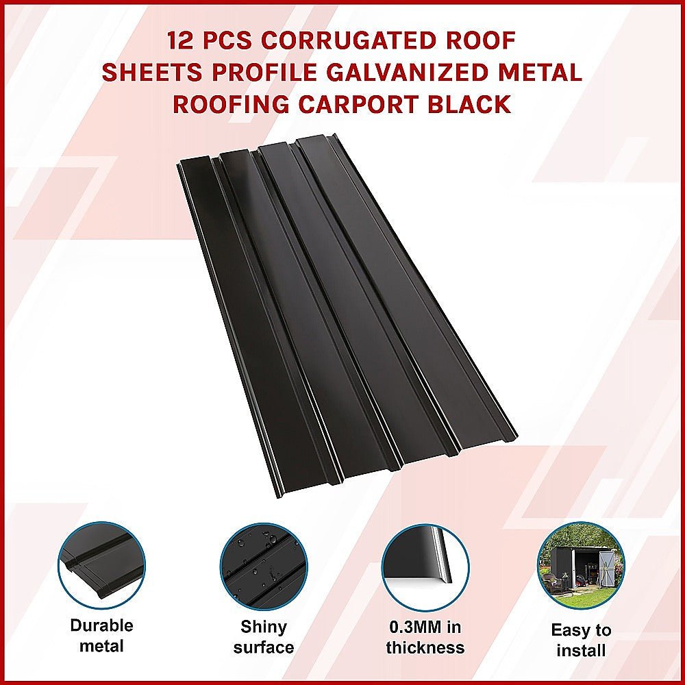 12 PCs Corrugated Roof Sheets Profile Galvanized Metal Roofing Carport Black - Outdoorium