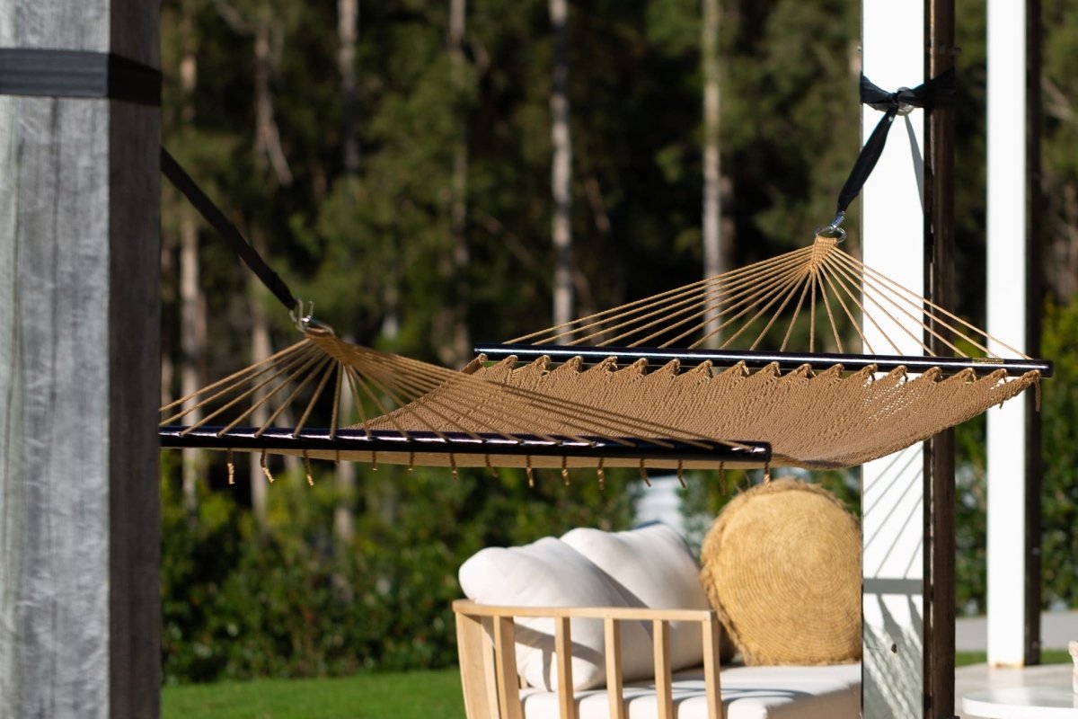 Pacific Hammocks 12ft Larch Wood Arc Hammock Stand & Caribbean Polyester Rope Hammock - hammock view 7