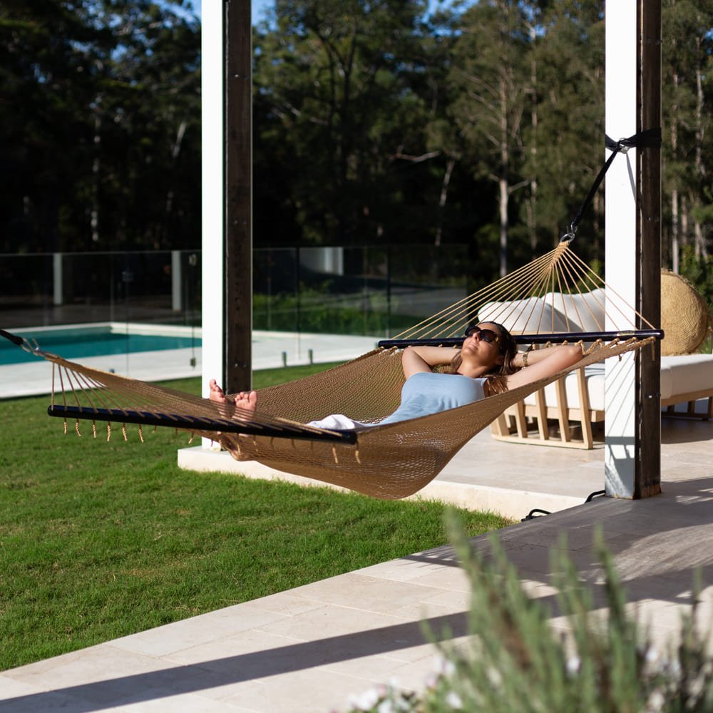 Pacific Hammocks 12ft Larch Wood Arc Hammock Stand & Caribbean Polyester Rope Hammock - hammock view 10