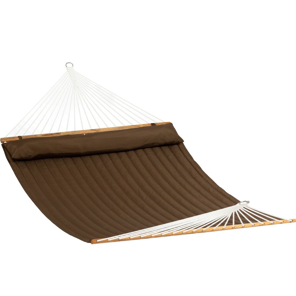 Pacific Hammocks 12ft Larch Wood Arc Hammock Stand & King Quilted Hammock in Brown - hammock view 6