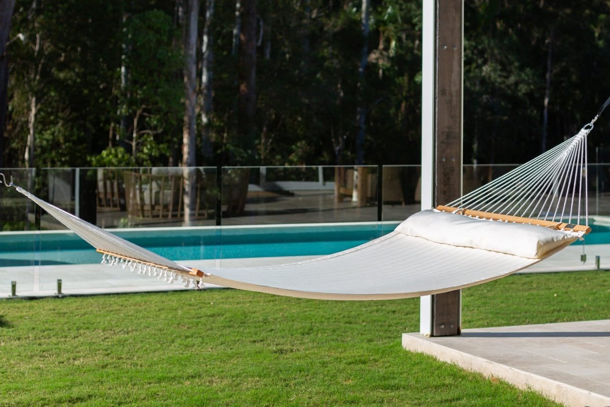Pacific Hammocks 12ft Larch Wood Arc Hammock Stand & King Quilted Hammock in Cream - hammock view 7