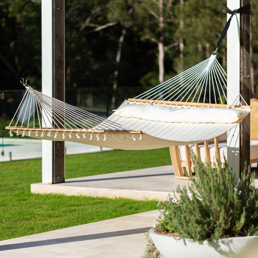 Pacific Hammocks 12ft Larch Wood Arc Hammock Stand & King Quilted Hammock in Cream - hammock view 9