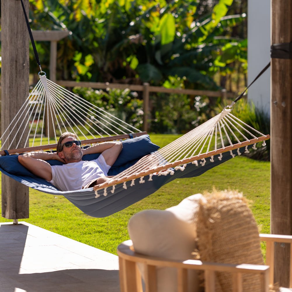 Pacific Hammocks 12ft Larch Wood Arc Hammock Stand & King Quilted Hammock in Navy Blue - hammock view 8