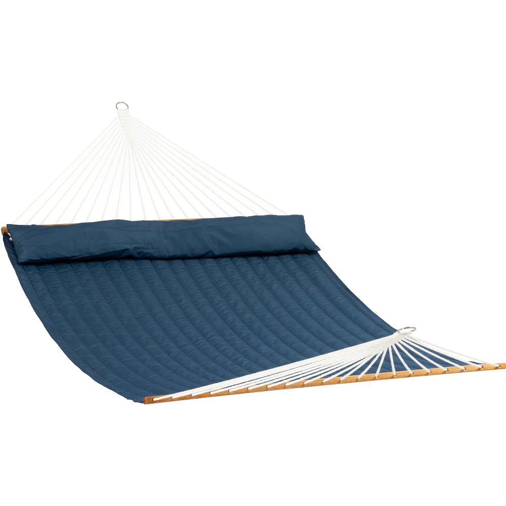 Pacific Hammocks 12ft Larch Wood Arc Hammock Stand & King Quilted Hammock in Navy Blue - hammock view 6