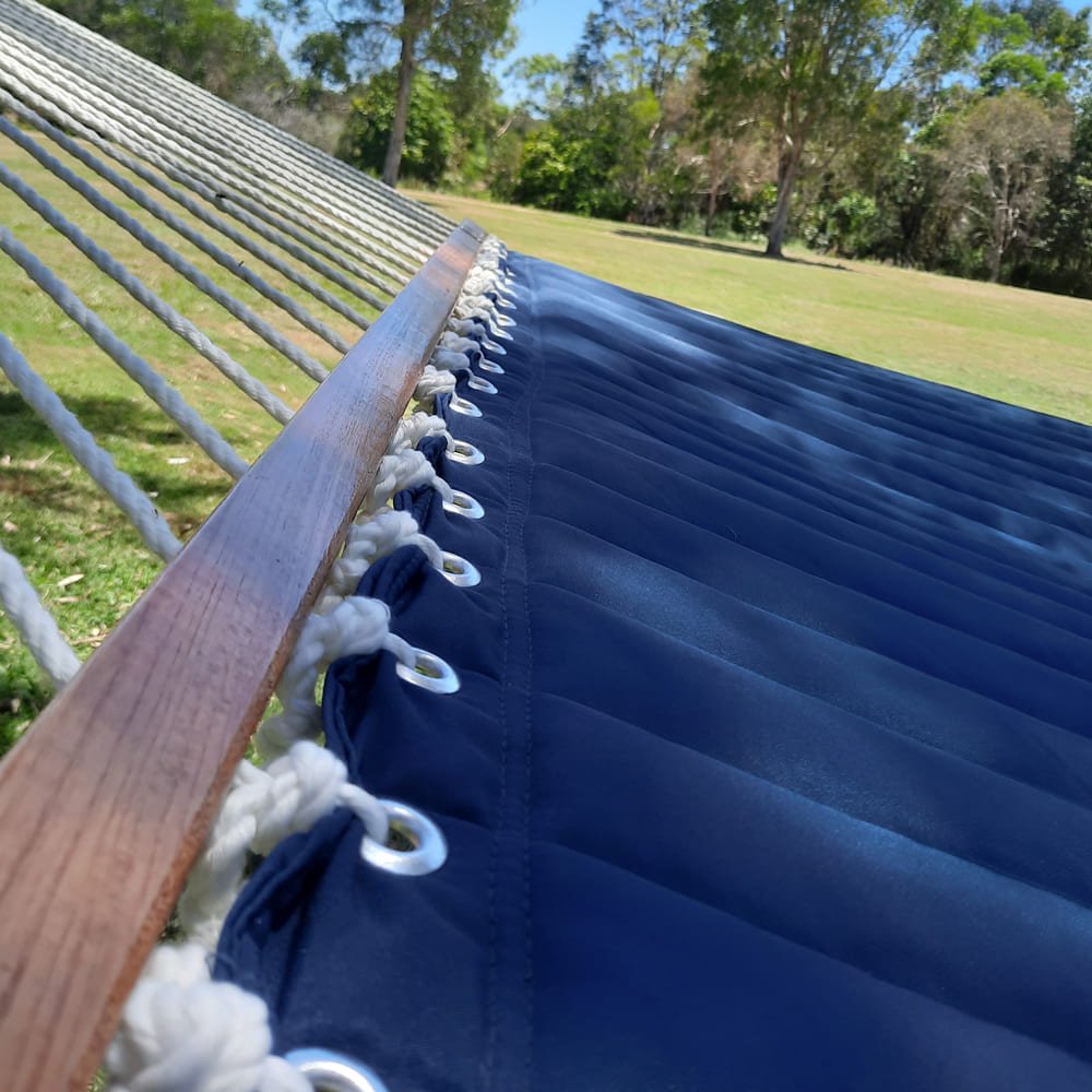 Pacific Hammocks 12ft Larch Wood Arc Hammock Stand & King Quilted Hammock in Navy Blue - hammock view 10