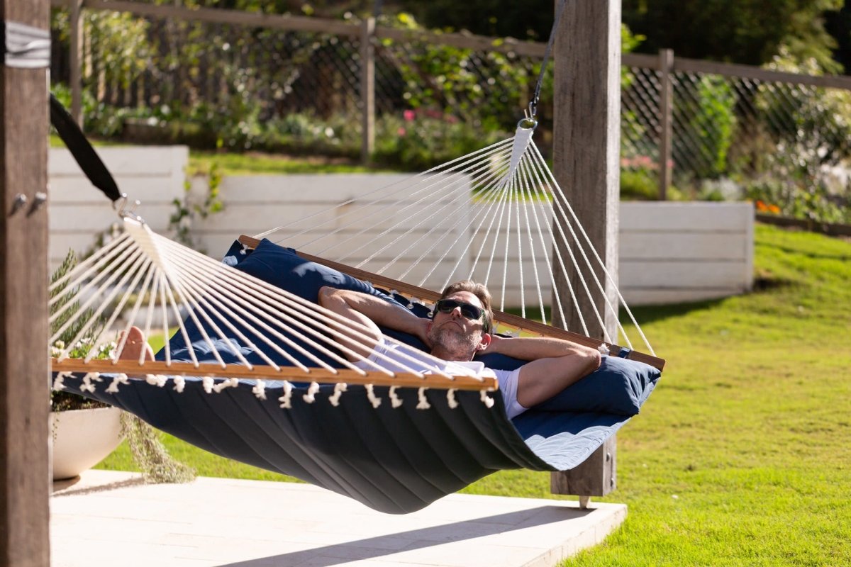 Pacific Hammocks 12ft Larch Wood Arc Hammock Stand & King Quilted Hammock in Navy Blue - hammock view 9
