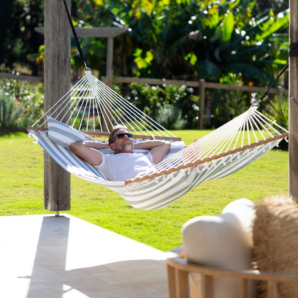 Pacific Hammocks 12ft Larch Wood Arc Hammock Stand & King Quilted Hammock in Stone Stripe - hammock view 9
