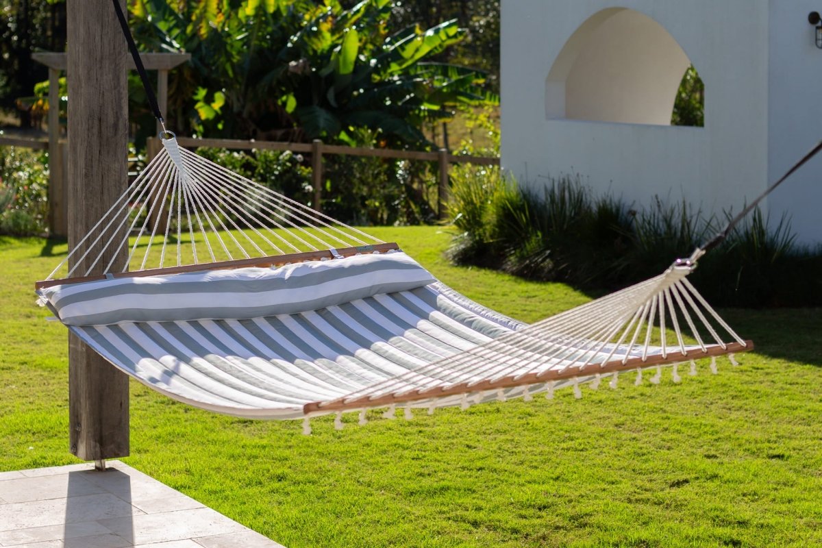Pacific Hammocks 12ft Larch Wood Arc Hammock Stand & King Quilted Hammock in Stone Stripe - hammock view 7