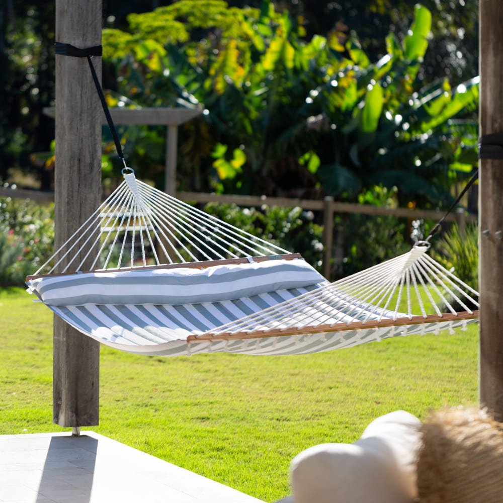 Pacific Hammocks 12ft Larch Wood Arc Hammock Stand & King Quilted Hammock in Stone Stripe - hammock view 8