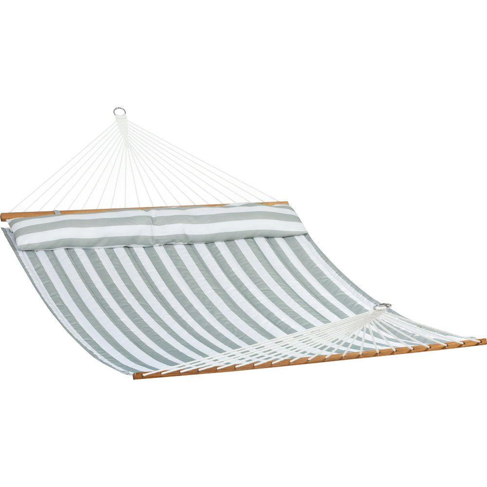 Pacific Hammocks 12ft Larch Wood Arc Hammock Stand & King Quilted Hammock in Stone Stripe - hammock view 6