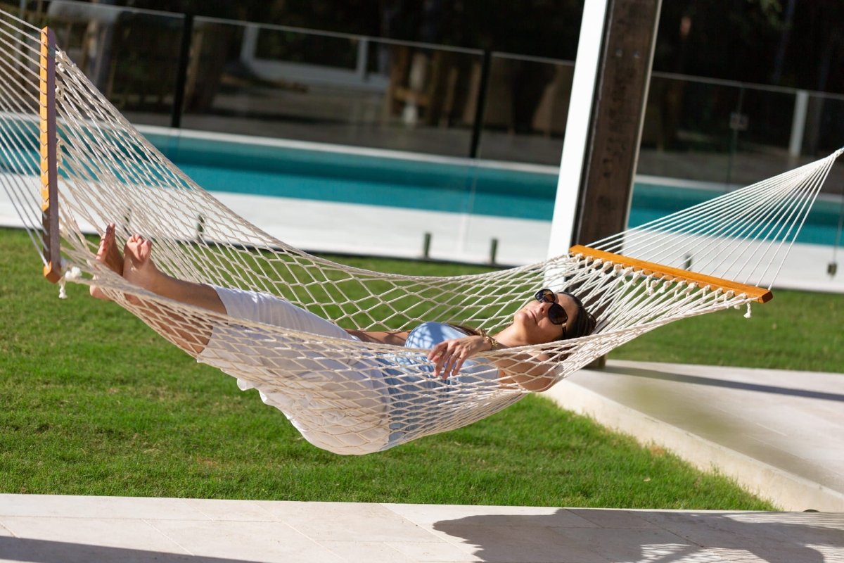 Pacific Hammocks 12ft Larch Wood Arc Hammock Stand & Resort Polyester Rope Hammock - hammock view 10