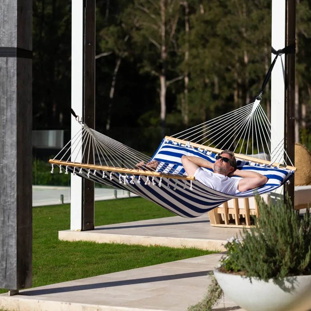 12ft Natural Wooden Arc Hammock Stand & King Quilted Hammock in Hamptons Stripe | Outdoorium