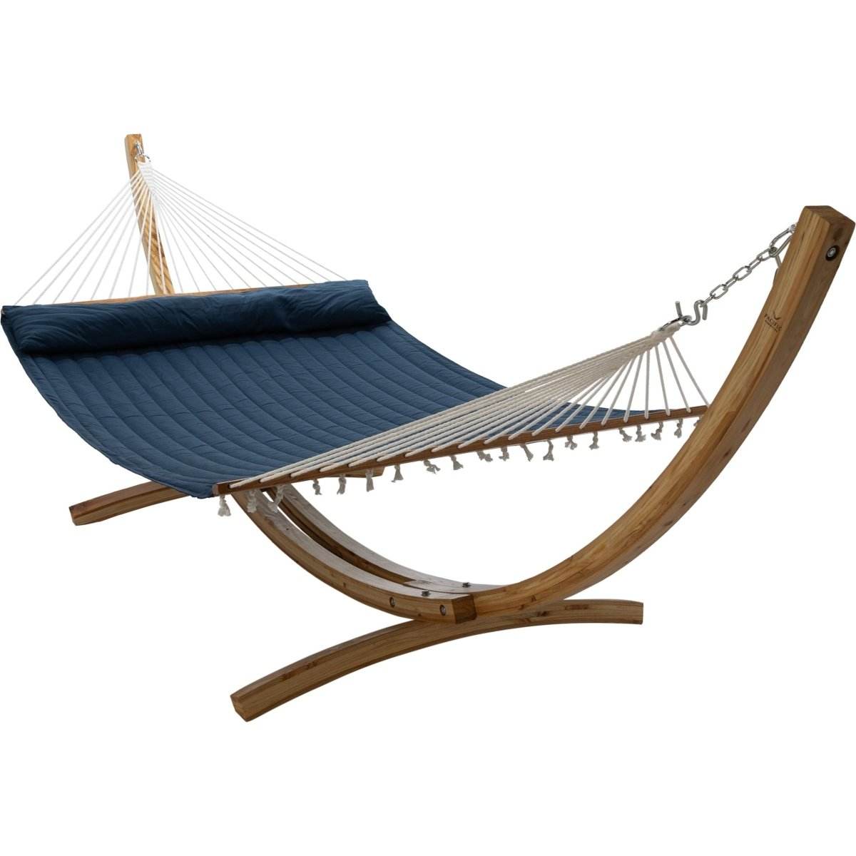 12ft Natural Wooden Arc Hammock Stand & King Quilted Hammock in Navy Blue | Outdoorium
