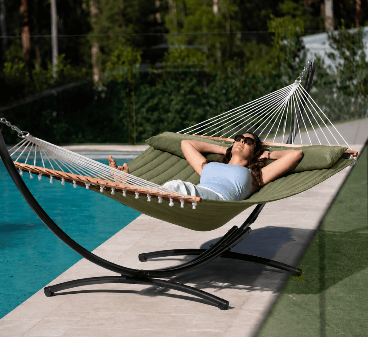 Pacific Hammocks 12ft Steel Arc Hammock Stand with Olive King Quilted Hammock by pool