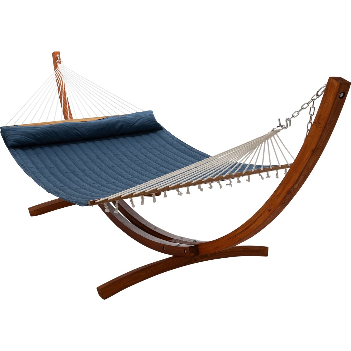 12ft Wooden Arc Hammock Stand &amp; King Quilted Hammock in Navy Blue - Outdoorium