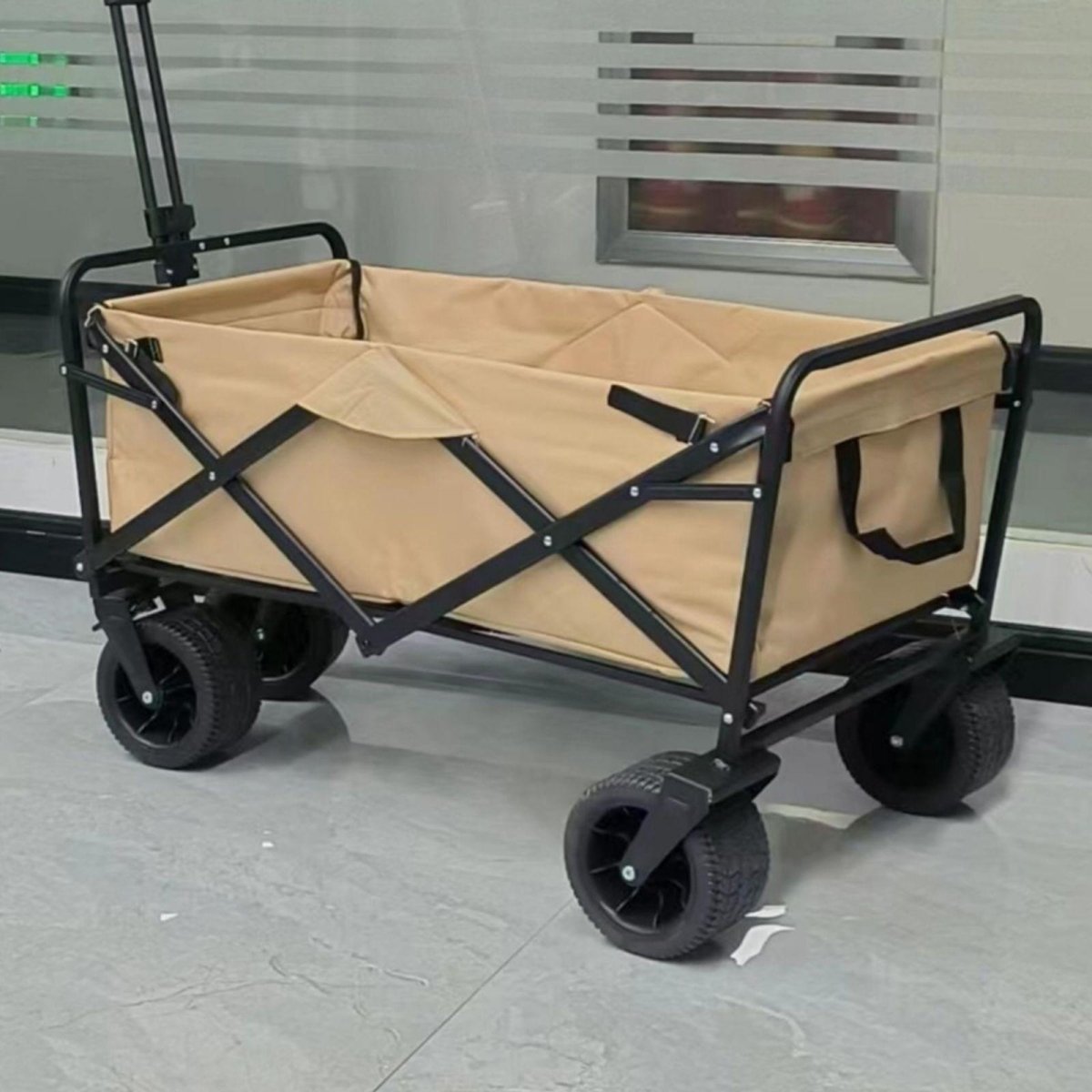 1PC Foldable Shopping Cart ( Khaki ), Heavy Duty Collapsible Wagon with All - Terrain 10cm Wheels, Load 150kg, Portable 160 Liter Large Capacity Beach Wagon, Camping, Garden, Beach Day, Picnics, Shopping, Outdoor Grocery Cart with Adjustable Handle - Outdoorium