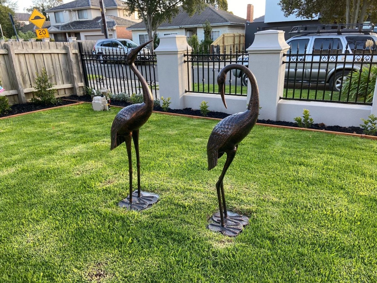 2 Piece Crane Couple Metal Statue Set - Outdoorium