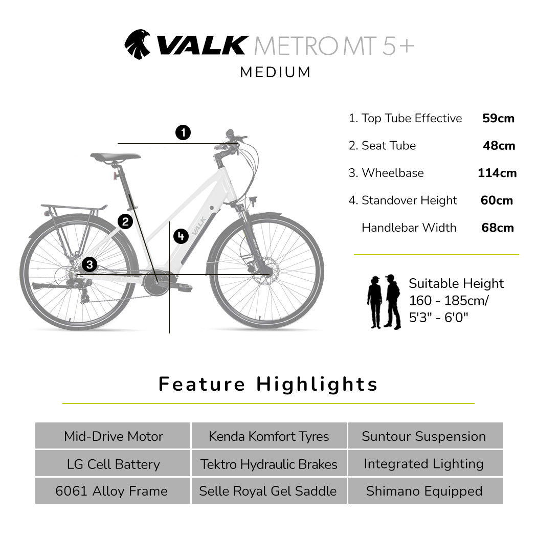 2023 VALK Metro MT 5 + Electric Hybrid Bike, Mid - Drive, Mixte Frame, Medium, White - Outdoorium