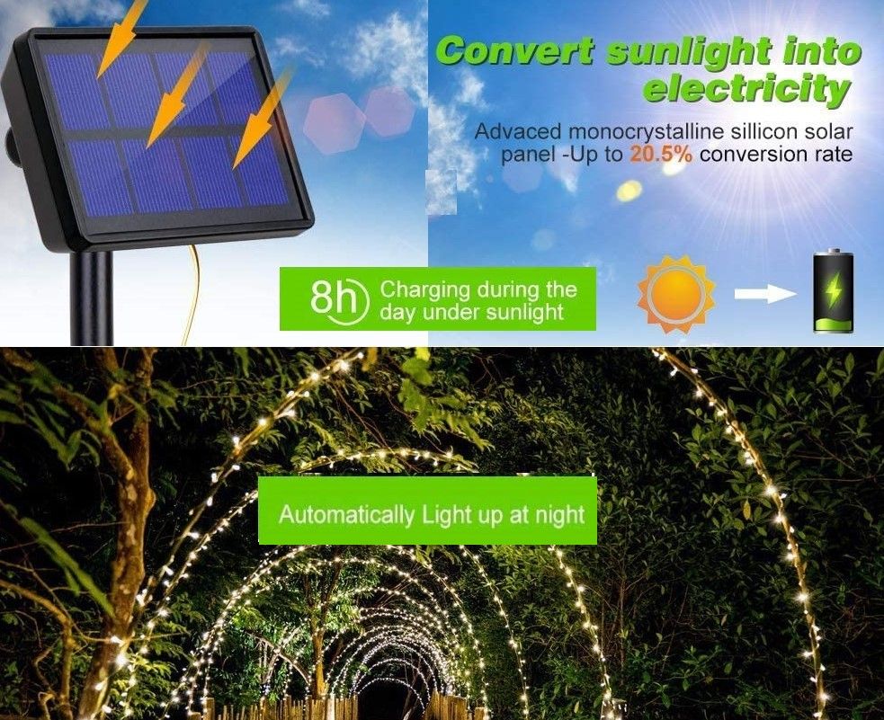 20m 200 LED Solar Powered Outdoor Lights with 8 Lighting Modes and Waterproof for Home,Garden and Decoration - Outdoorium