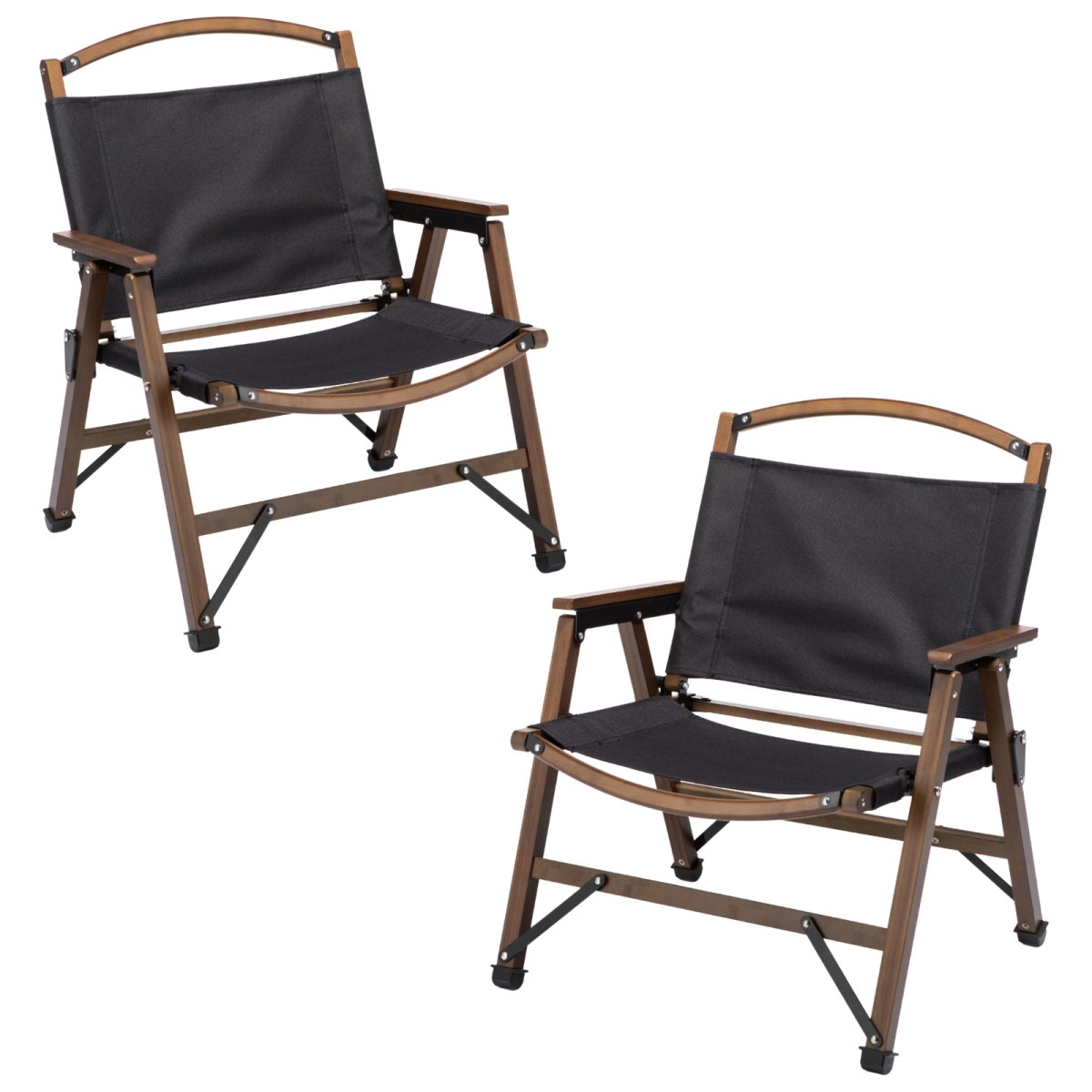 2x Bamboo Canvas Foldable Outdoor Camping Chair Wooden Travel Picnic Park - Black - Outdoorium