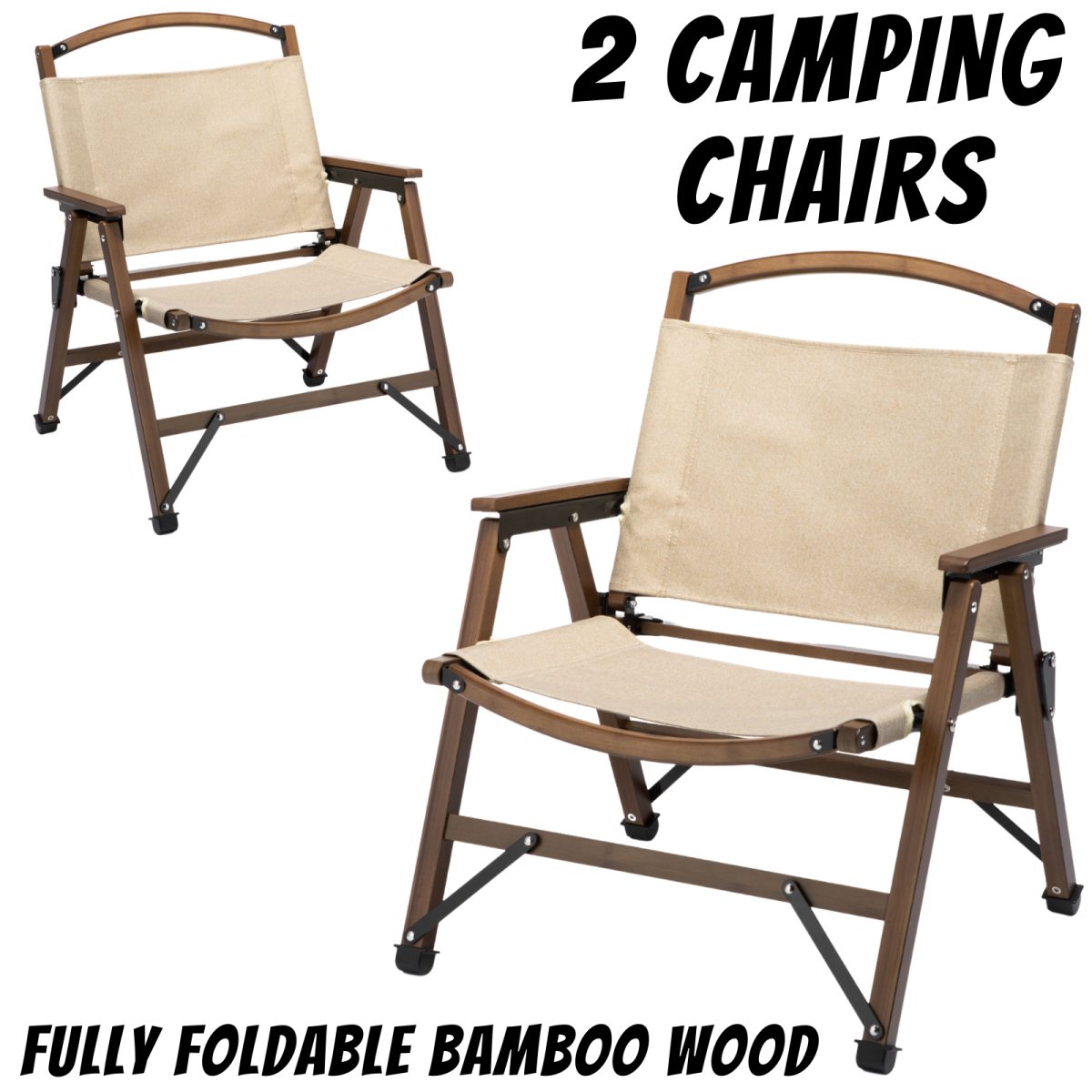 2x Bamboo Foldable Outdoor Camping Chair Wooden Travel Picnic Park Folding - Khaki/Beige - Outdoorium