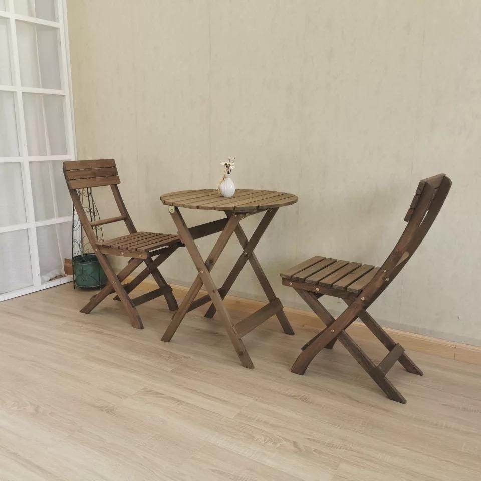 3 Piece RoundTable-Set Folding Bistro Set Solid Fir Wood Table Chair Set Garden Outdoor Lounge - Outdoorium