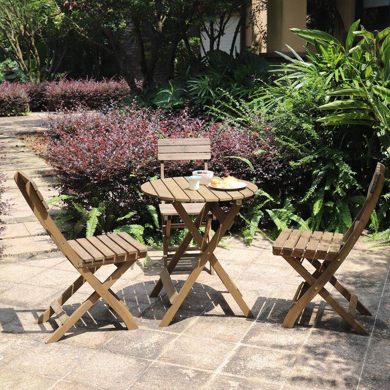 3 Piece RoundTable-Set Folding Bistro Set Solid Fir Wood Table Chair Set Garden Outdoor Lounge - Outdoorium