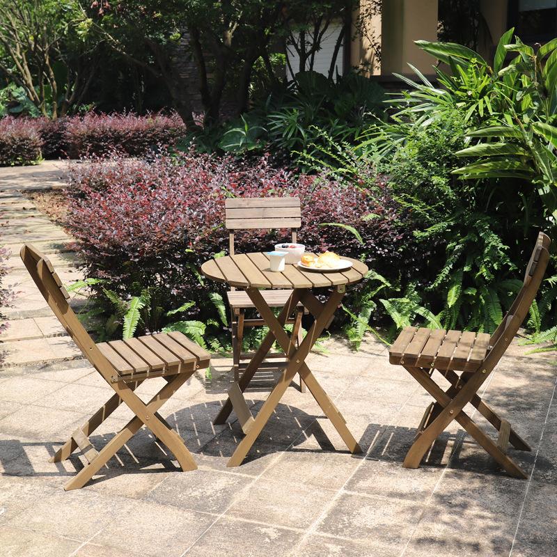 3 Piece RoundTable - Set Folding Bistro Set Solid Fir Wood Table Chair Set Garden Outdoor Lounge - Outdoorium