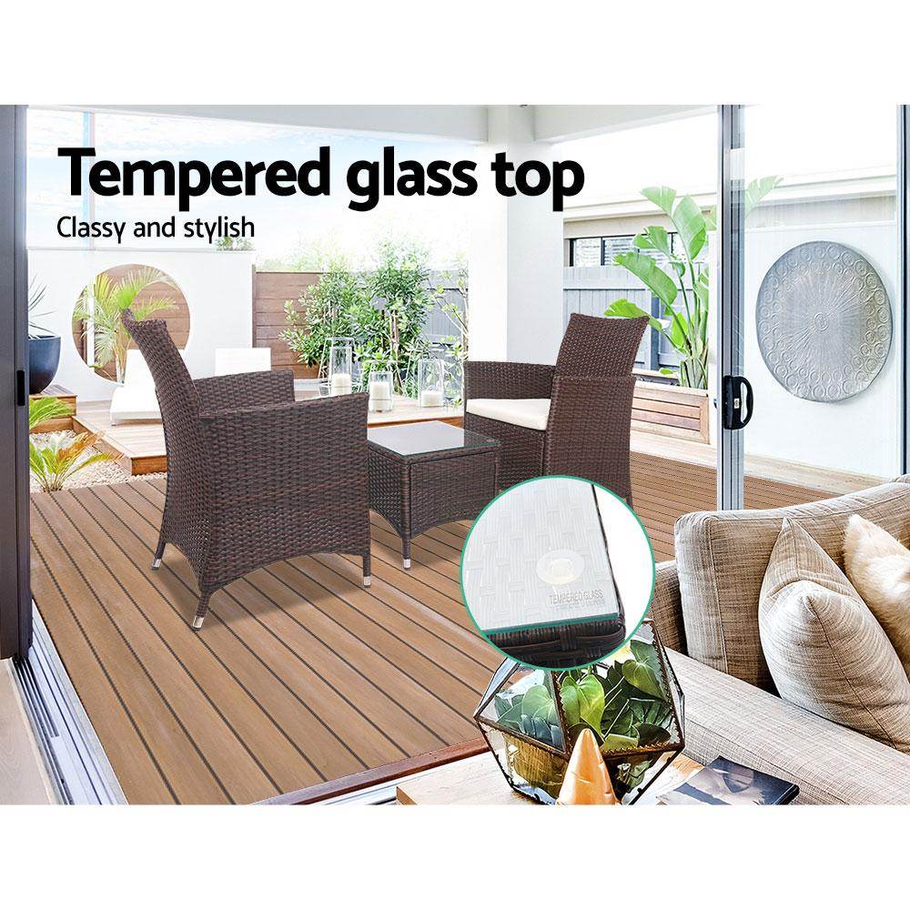 Gardeon 3PC Outdoor Bistro Set Patio Furniture Wicker Setting Chairs Table Cushion Brown - View 9