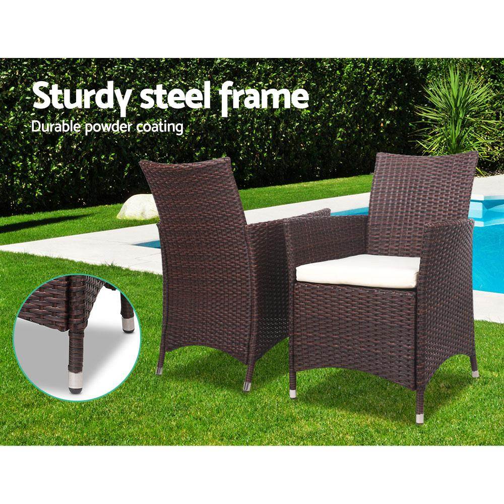 Gardeon 3PC Outdoor Bistro Set Patio Furniture Wicker Setting Chairs Table Cushion Brown - View 7