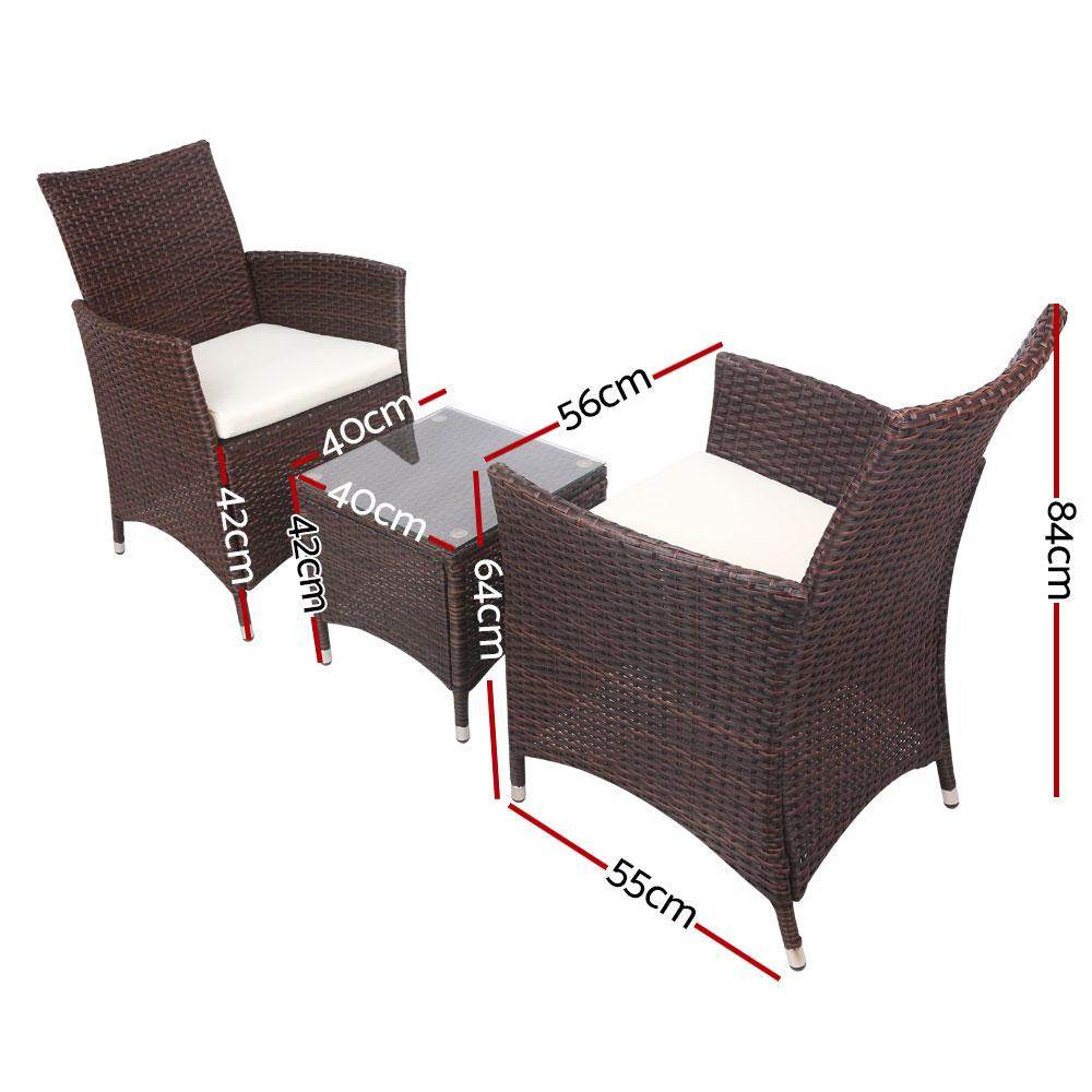 Gardeon 3PC Outdoor Bistro Set Patio Furniture Wicker Setting Chairs Table Cushion Brown - View 2