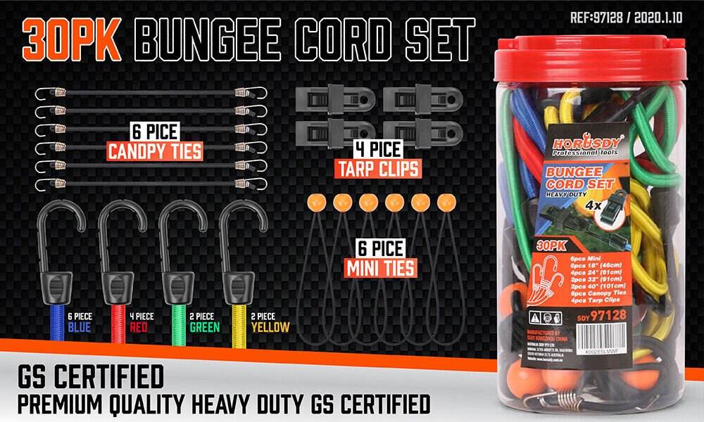 30 - Piece Premium Bungee Cord Assortment Includes 10” to 40” Bungee Cords, Canopy Ties & Tarp Clips | Outdoorium