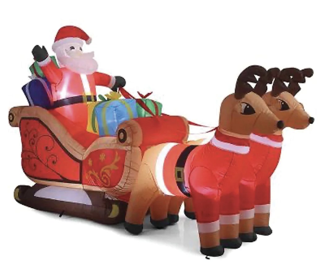 320cm Xmas Father Christmas Charm Santa Sleigh With Reindeer + LED Lights Inflatable - Outdoorium