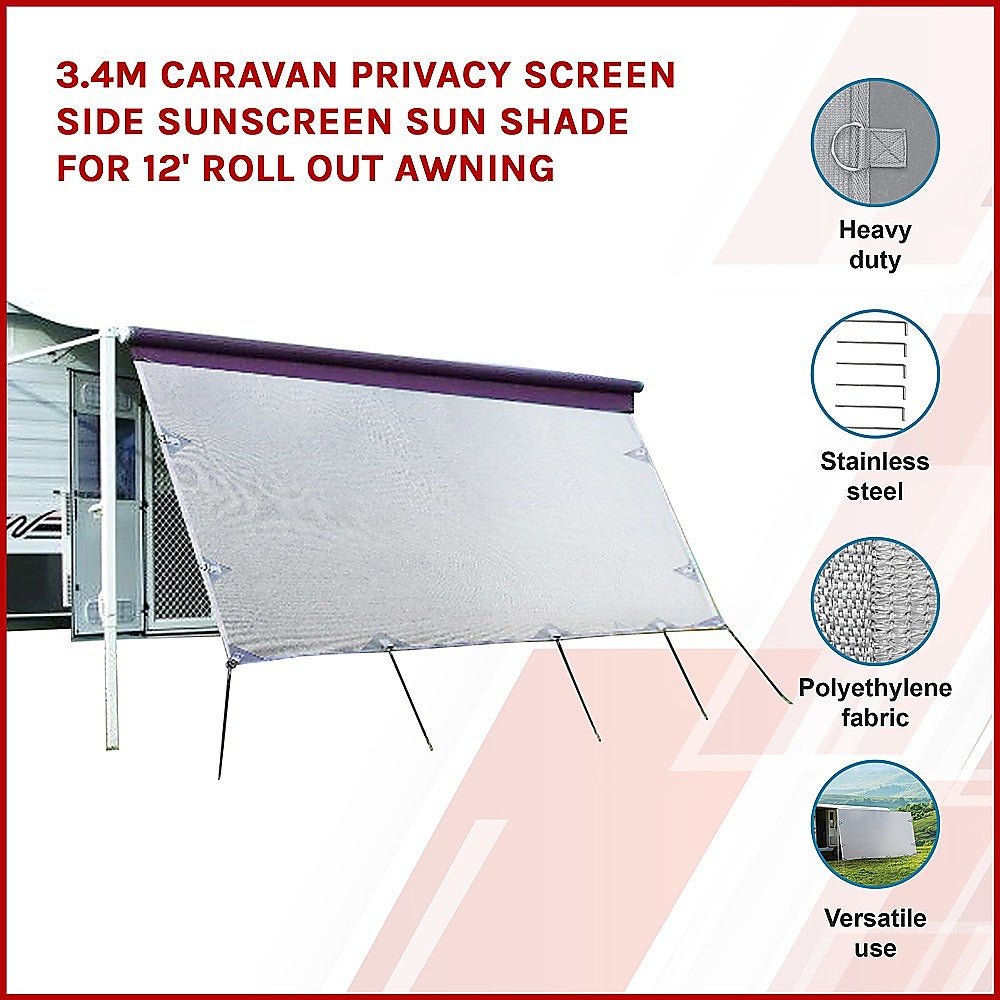 3.4m Caravan Privacy Screen Side Sunscreen Sun Shade for 12&#39; Roll Out Awning - Outdoorium