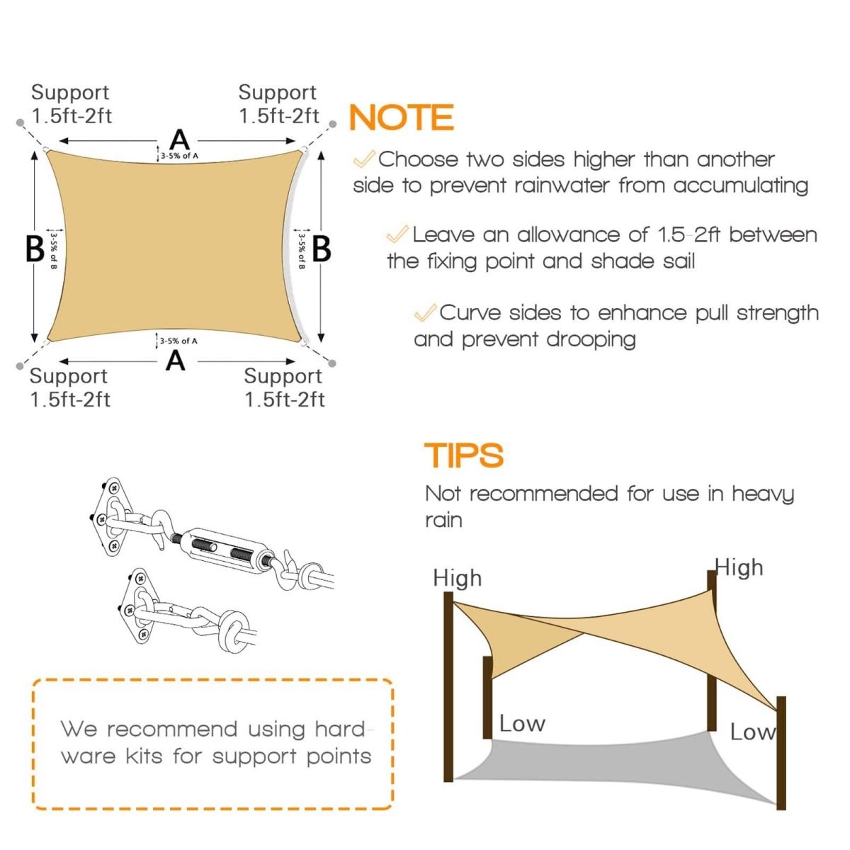 3m x 4m Rectangle Sun Shade Sails for Patios Sun UV Outdoor Canopy Backyard Sunshades - Outdoorium