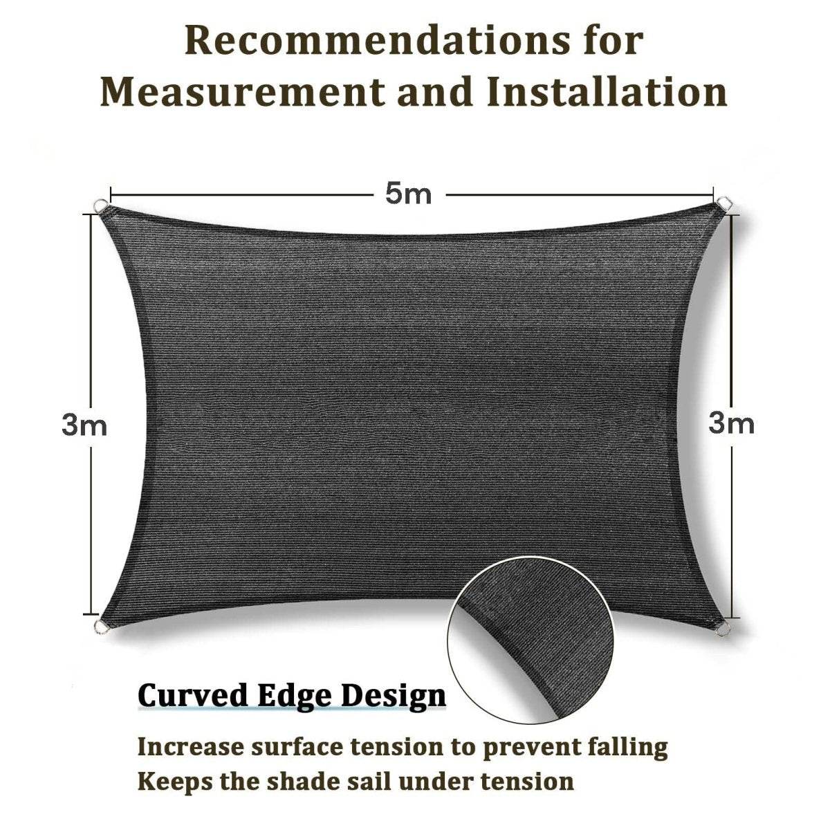 3m x 5m Grey Rectangle Sun Shade Sails for Patios Sun UV Outdoor Canopy Backyard Sunshades - Outdoorium