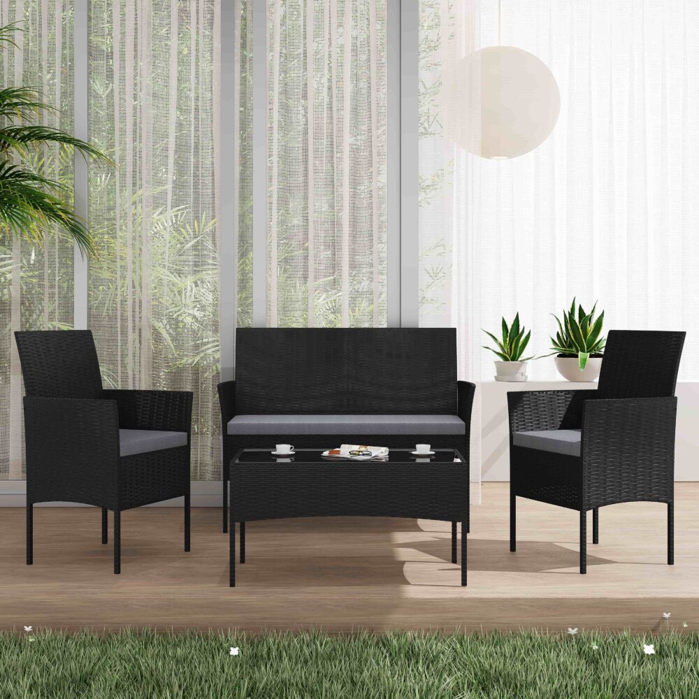 4 Seater Wicker Outdoor Lounge Set - Black | Outdoorium