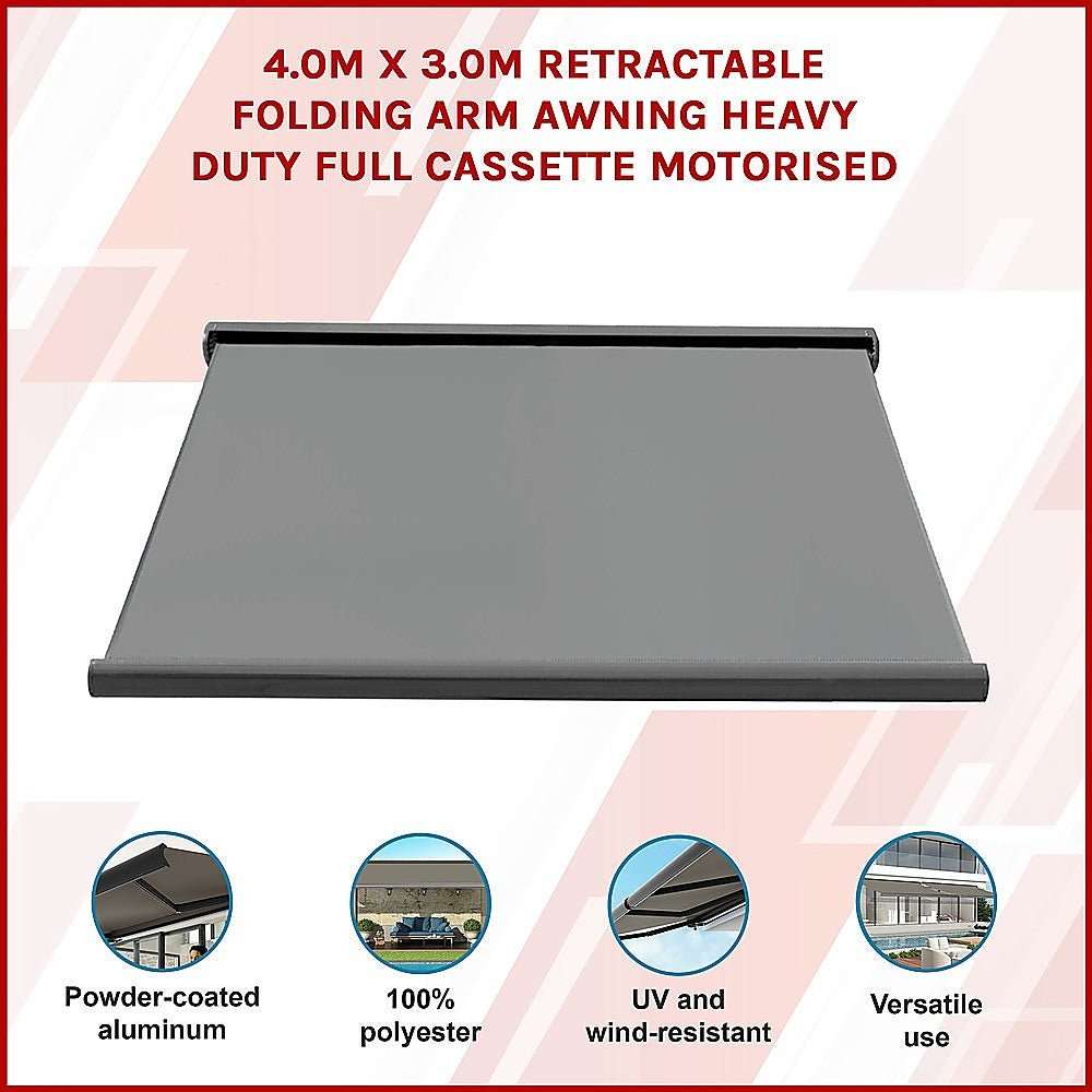 4.0m x 3.0m Retractable Folding Arm Awning Heavy Duty Full Cassette Motorised | Home & Garden > Shading > Awnings