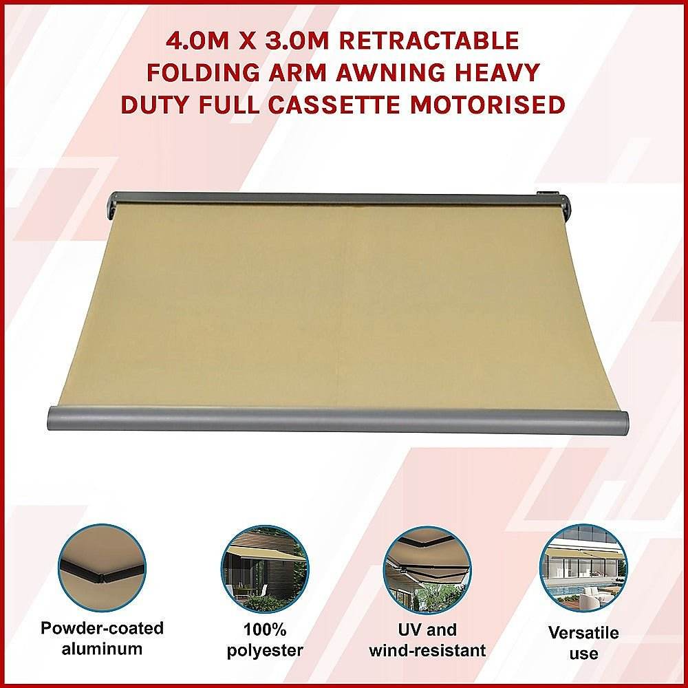 4.0m x 3.0m Retractable Folding Arm Awning Heavy Duty Full Cassette Motorised | Outdoorium