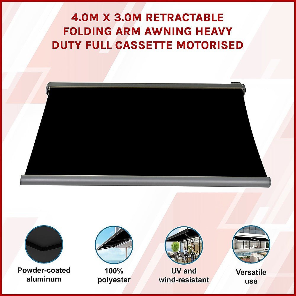 4.0m x 3.0m Retractable Folding Arm Awning Heavy Duty Full Cassette Motorised - Outdoorium