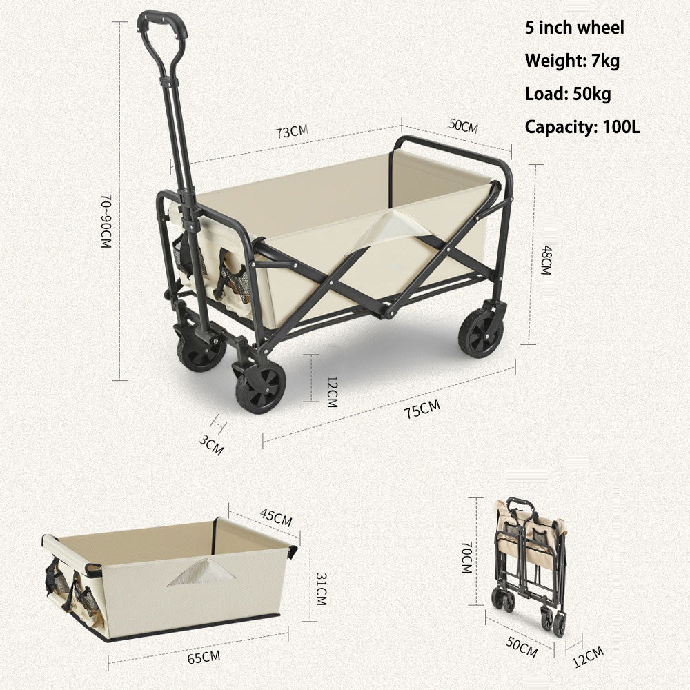 5 Inch Wheel Beige Folding Beach Wagon Cart Trolley Garden Outdoor Picnic Camping Sports Market Collapsible Shop - Outdoorium