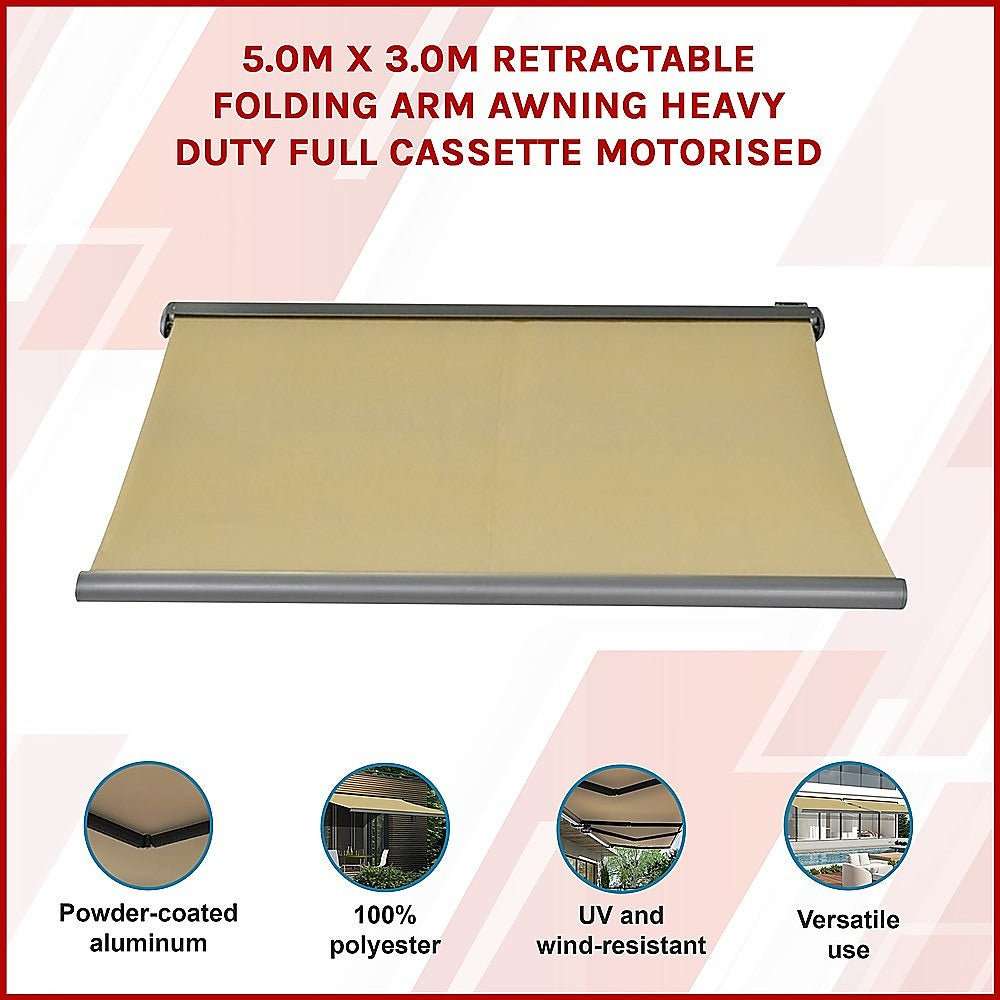5.0m x 3.0m Retractable Folding Arm Awning Heavy Duty Full Cassette Motorised | Home & Garden > Shading > Awnings