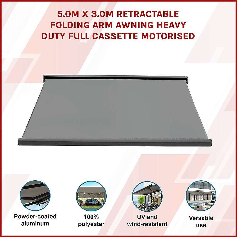5.0m x 3.0m Retractable Folding Arm Awning Heavy Duty Full Cassette Motorised | Home & Garden > Shading > Awnings