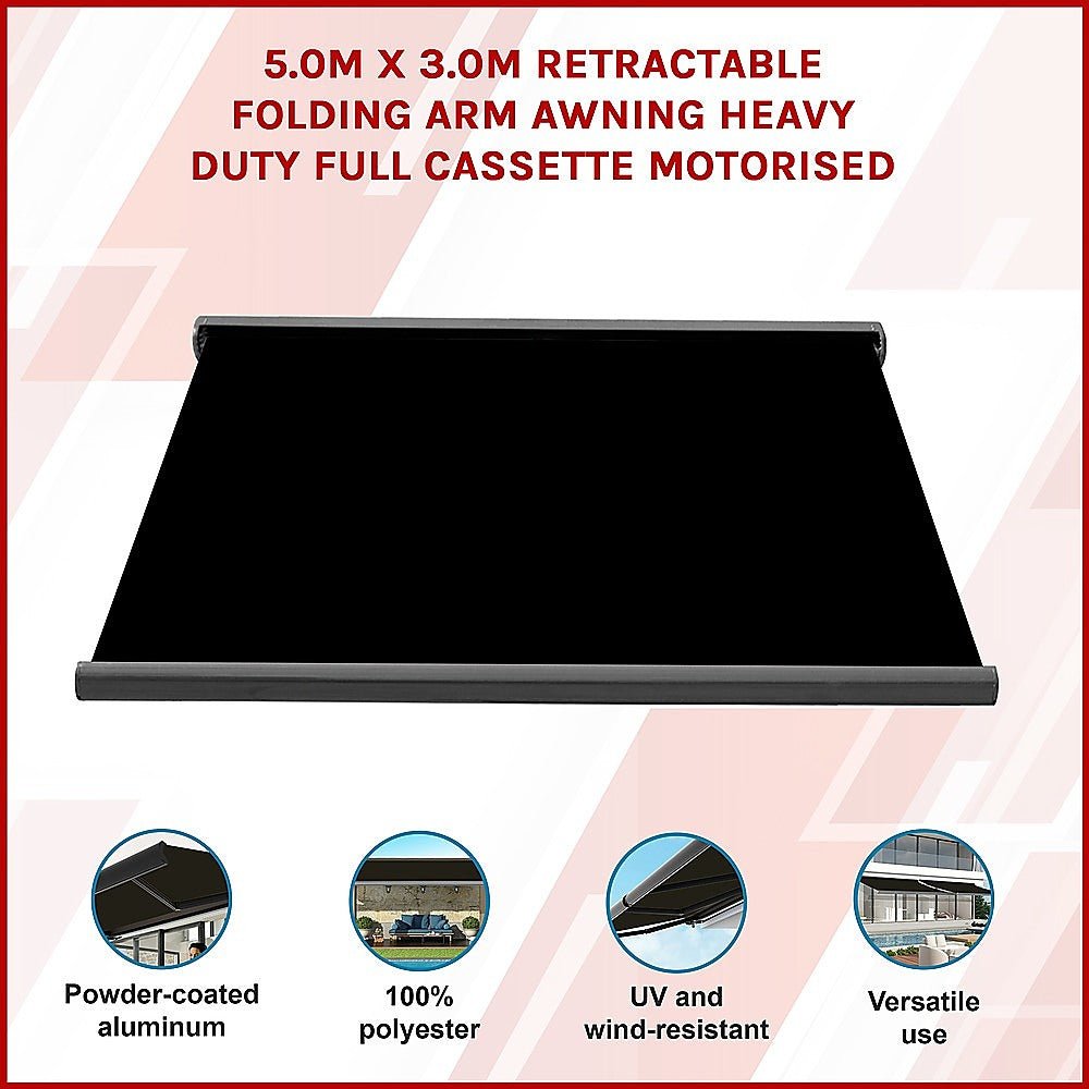 5.0m x 3.0m Retractable Folding Arm Awning Heavy Duty Full Cassette Motorised - Outdoorium