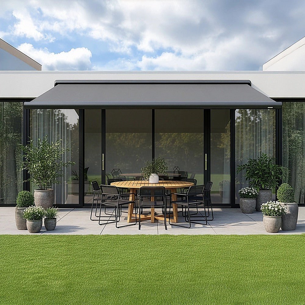5.0m x 3.0m Retractable Folding Arm Awning Heavy Duty Full Cassette Motorised | Outdoorium