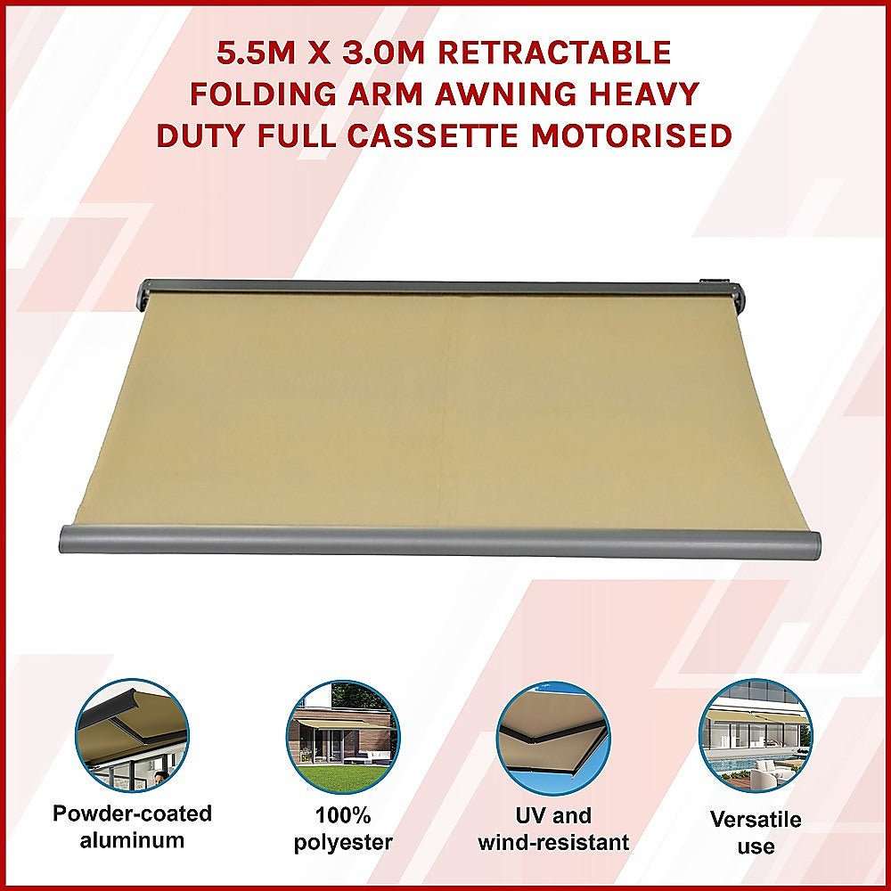 5.5m x 3.0m Retractable Folding Arm Awning Heavy Duty Full Cassette Motorised | Home & Garden > Shading > Awnings