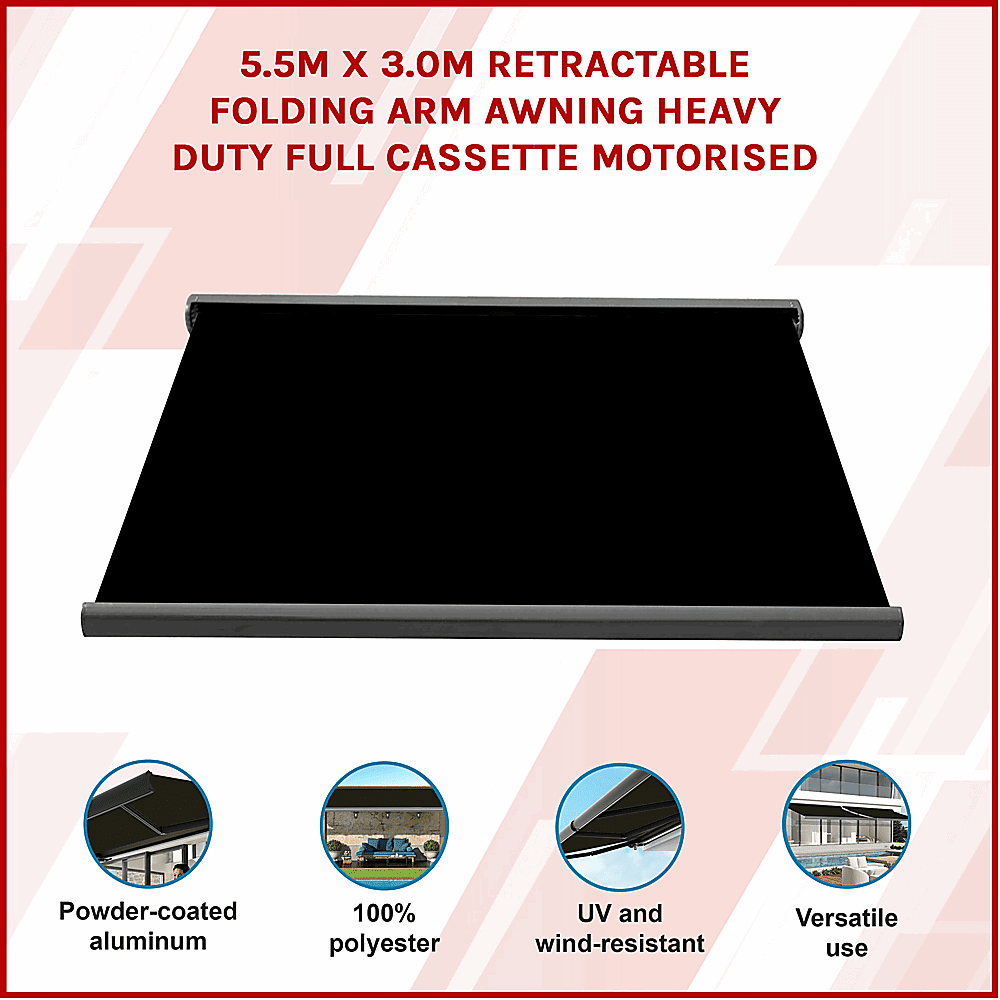 5.5m x 3.0m Retractable Folding Arm Awning Heavy Duty Full Cassette Motorised | Home & Garden > Shading > Awnings