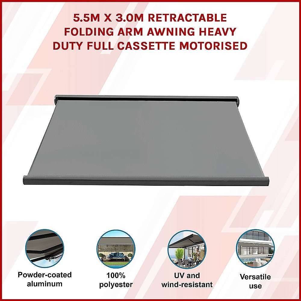 5.5m x 3.0m Retractable Folding Arm Awning Heavy Duty Full Cassette Motorised | Home & Garden > Shading > Awnings