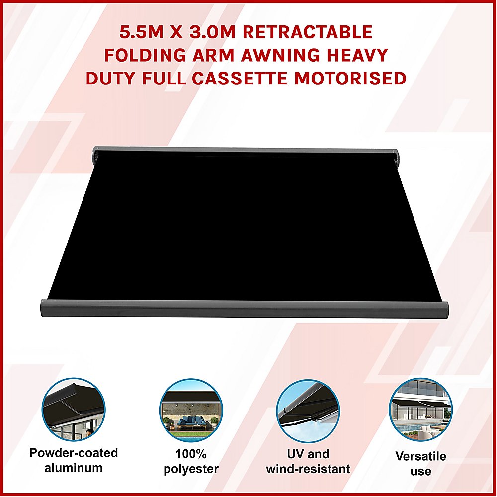 5.5m x 3.0m Retractable Folding Arm Awning Heavy Duty Full Cassette Motorised - Outdoorium